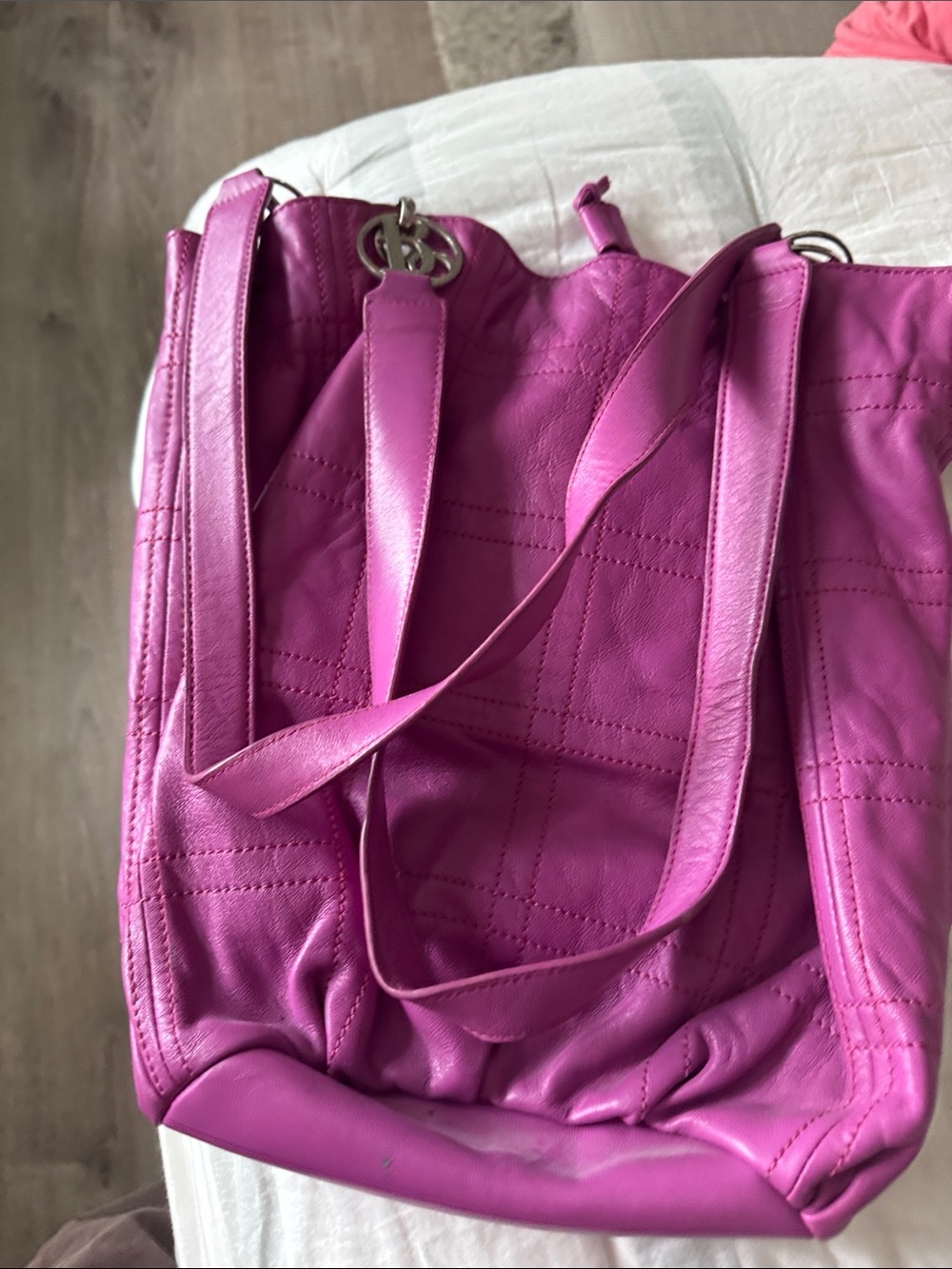 Fuchsia Quilted Leather Tote Bag with Double Straps